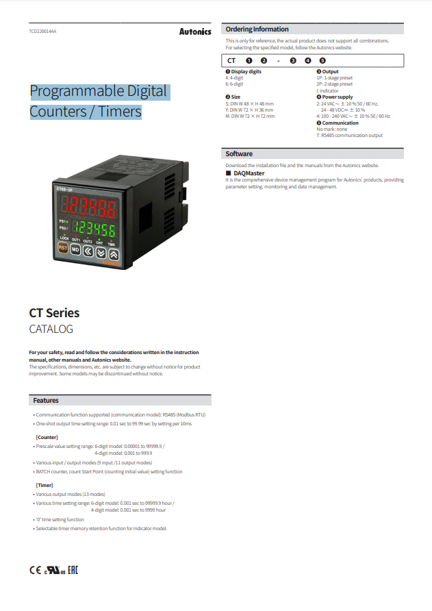 AUTONICS CT CATALOG CT SERIES: PROGRAMABLE DIGITAL COUNTERS/TIMERS